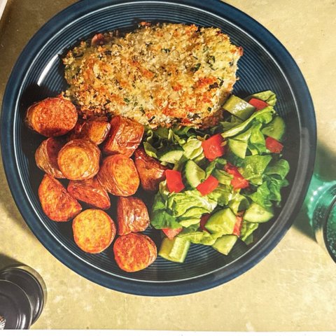 Almond Crusted Basa with Roast Potatoes and Tomato Salad