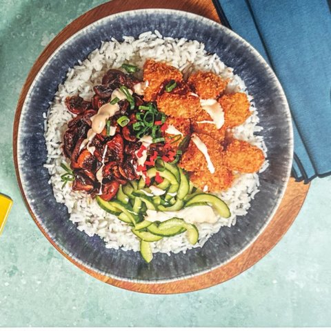 Asian Crumbed Chicken Bowl with Mushrooms and Pickled Cucumber