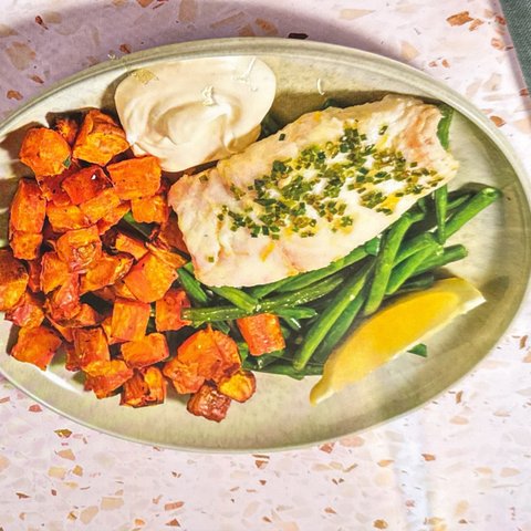 Basa in Garlic Chive Butter with Roast Sweet Potatoes and Green Beans