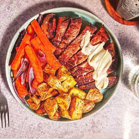 Beef Steak with Cashel Blue Cheese Sauce and Roasted Potatoes