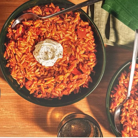 Beef and Pork Bolognese with Orzo, Leek and Bell Pepper