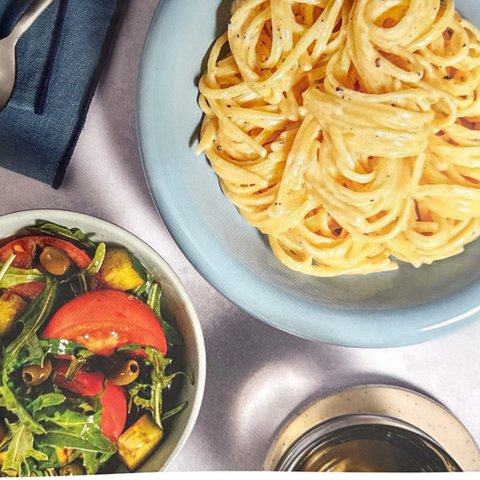 Cacio e Pepe with Marinated Tomato Salad