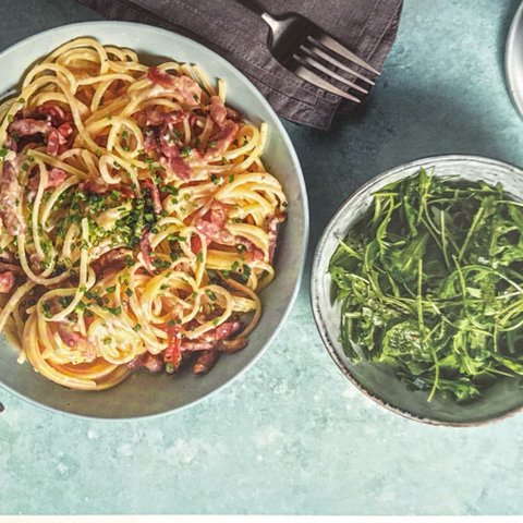 Carbonara Style Bacon Linguine with Sprinkled Chives and Salad