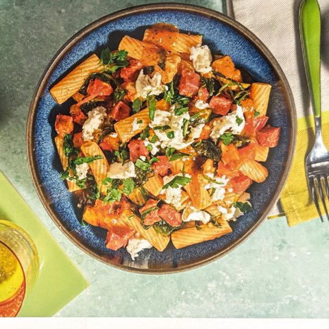 Chorizo and Mozzarella Rigatoni with Parsley and Wilted Spinach