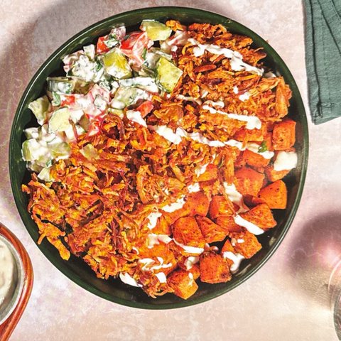 Creamy Tahini Pulled Pork with Crispy Sweet Potato