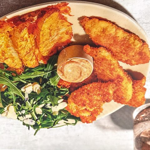 Crispy Chicken Tenders with Spicy Mango and Salad