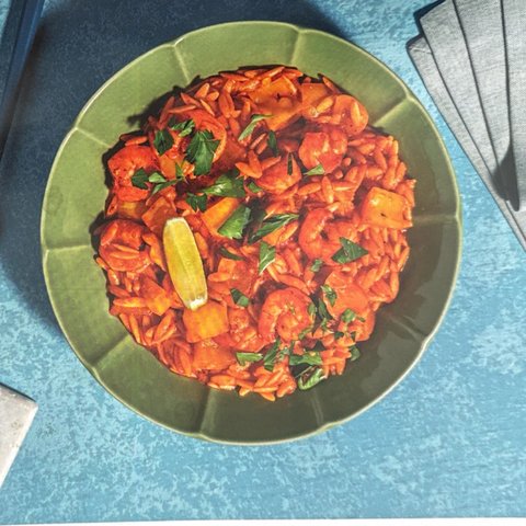 Paella-Style Prawn and Chorizo Orzo with Parsley and Lime