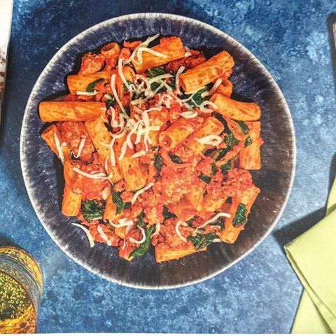 Pork Rigatoni in Rich Tomato Sauce with Spinach and Cheese