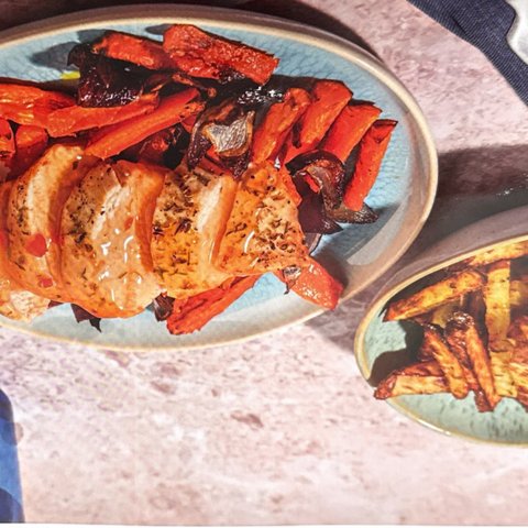 Roast Chicken in Sweet Chilli Glaze with Chips and Carrots