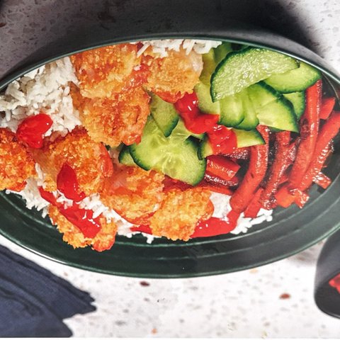 Sticky Szechuan Prawn Bowl with Fragrant Rice and Charred Carrot