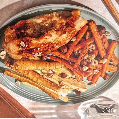 Stuffed Roast Chicken Breast with Lemon Glaze and Roasted Parsnips